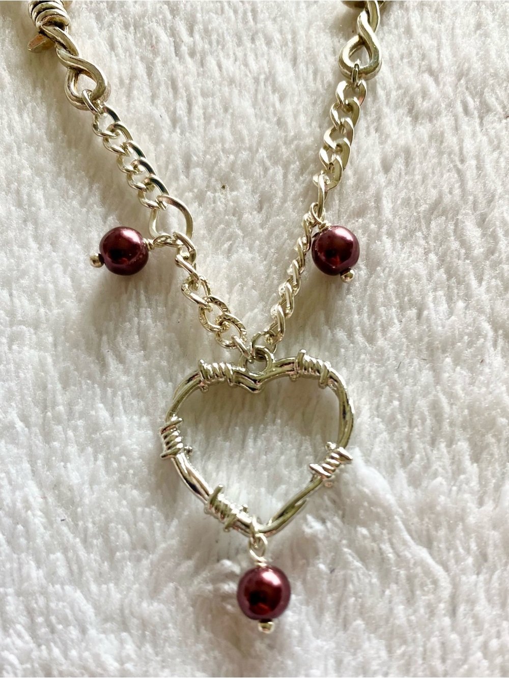 Silver Heart Pendant Necklace with Burgundy Pearl Charms